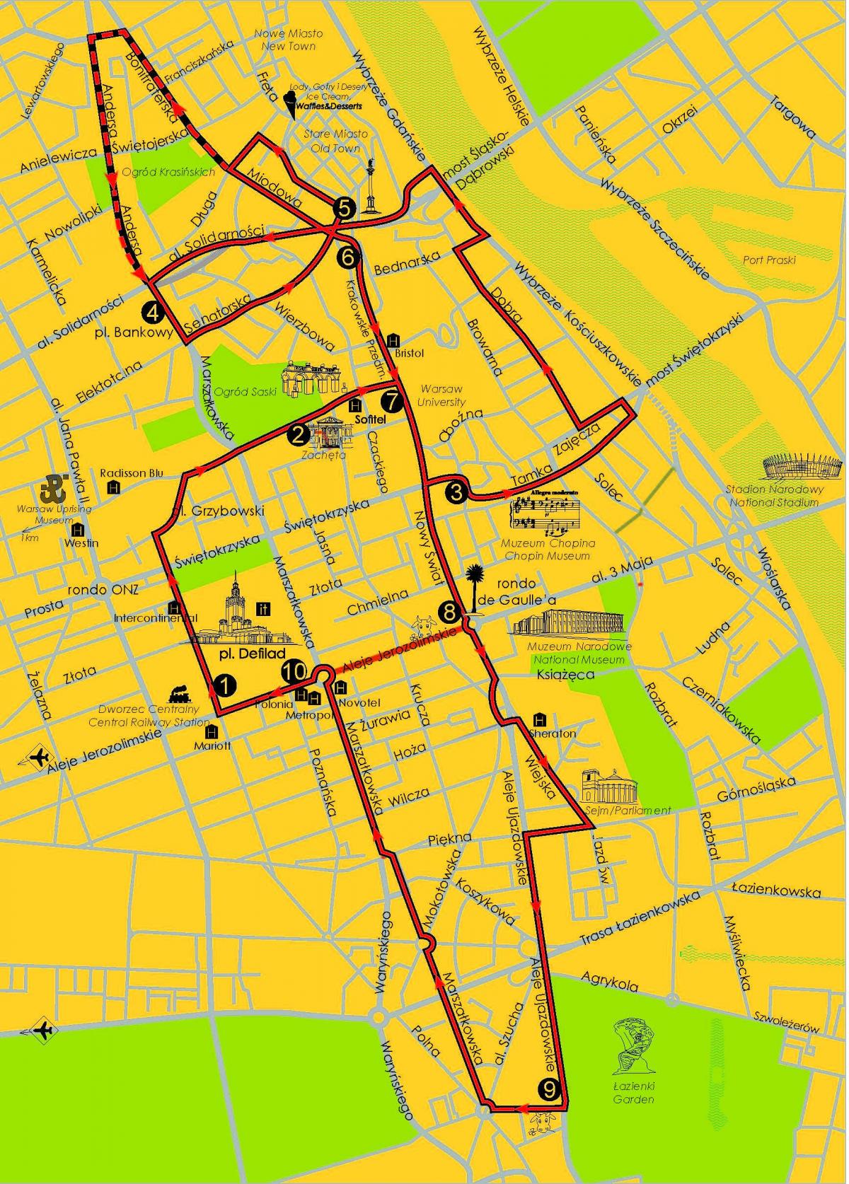 Mapa ng Warsaw hop sa hop-off bus 