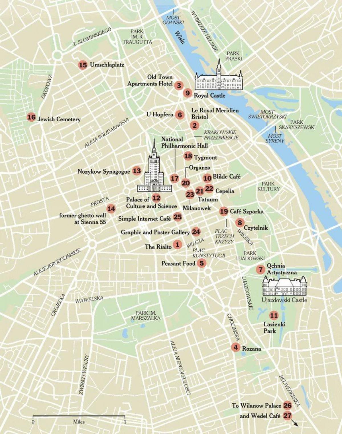 mapa ng Warsaw sa mga atraksyong panturista